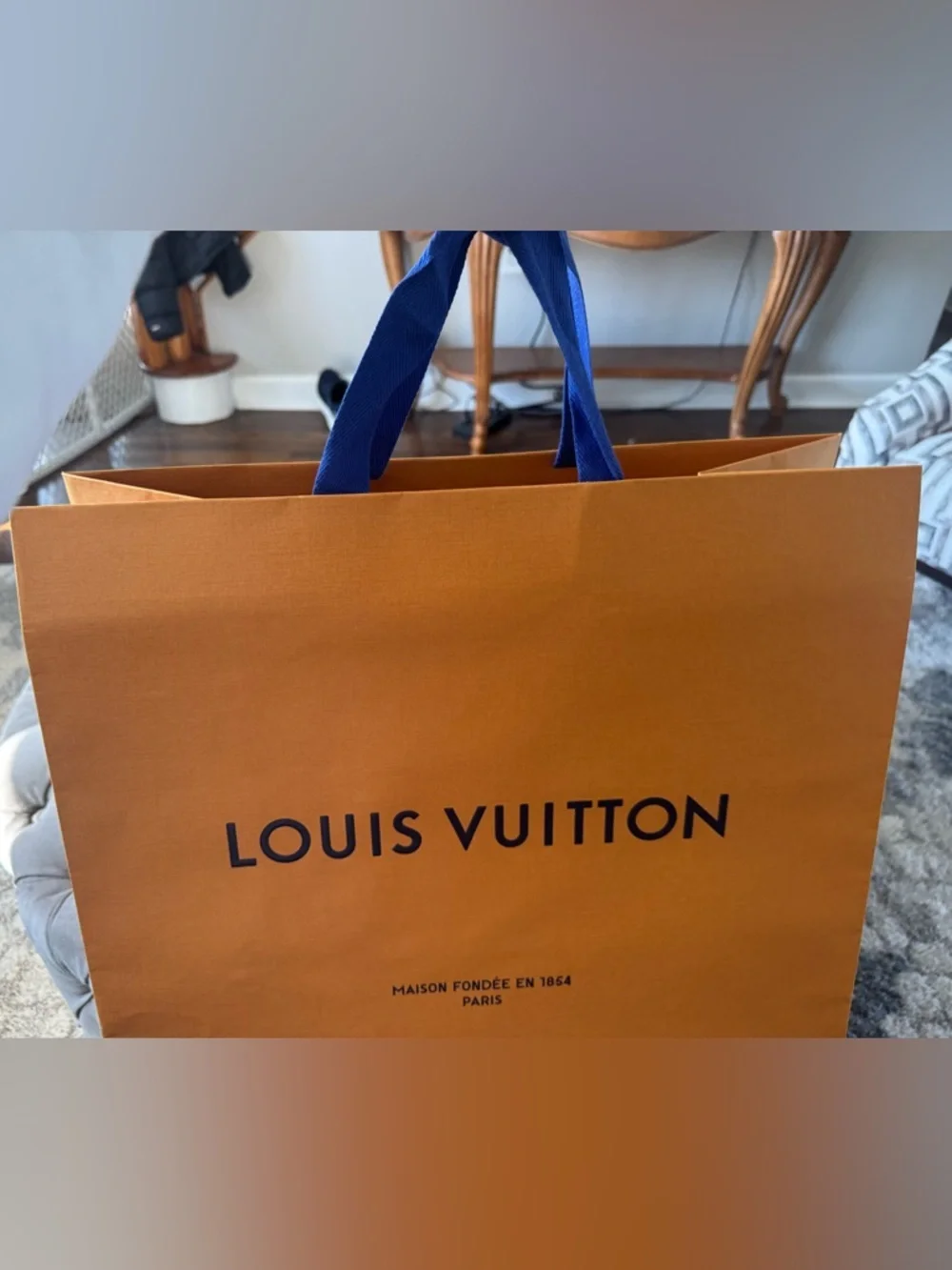 NWOT Louis Vuitton Signature Orange Tote/Gift Bag Large with Blue Ribbon Handles